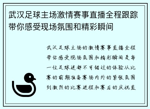 武汉足球主场激情赛事直播全程跟踪带你感受现场氛围和精彩瞬间